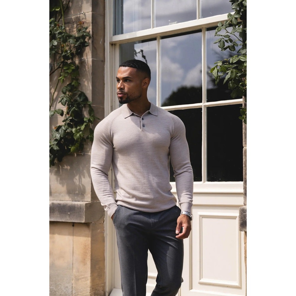 Tailored Athlete Merino Wool Polo Shirt XXL Taupe Brown Long Sleeve Knit Raglan